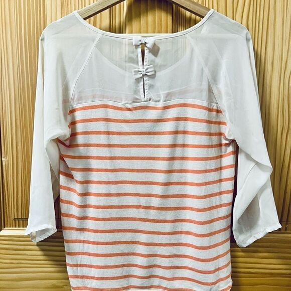 LC Lauren Conrad orange white 3/4 sleeve bow back striped sheer top shirt S - Picture 2 of 7